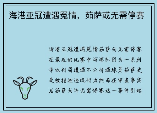 海港亚冠遭遇冤情，茹萨或无需停赛